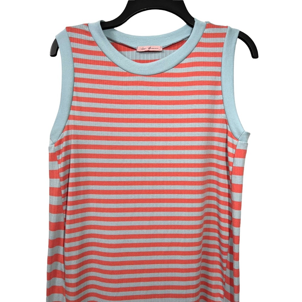 Ces Femme Long Maxi Tank Dress Sleeveless Striped Pale Blue Coral Stretch Size M - Picture 3 of 12